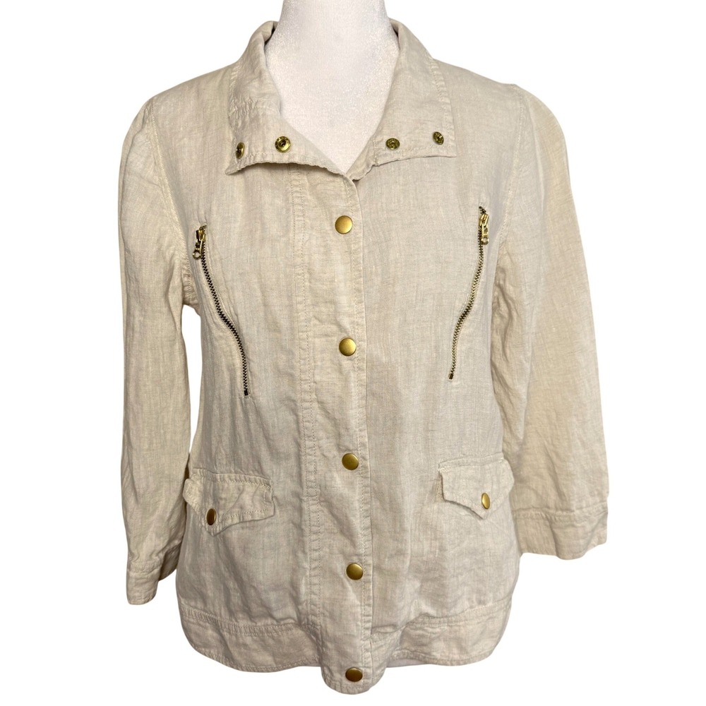 Chico's‎ Linen Utility Jacket Women Size XS/Small Beige Oatmeal Safari Gold Snap